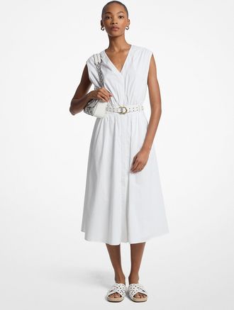 Michael Kors Stretch Cotton Poplin Belted Midi Dress