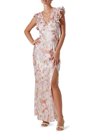 ASTR the Label Floral Flutter Sleeve Satin Maxi Dress in Pink Flral at Nordstrom, Size X-Small