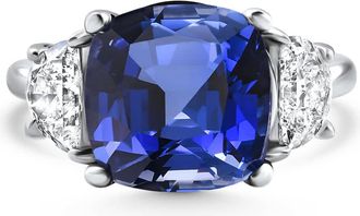 Pompeii3 8.50Ct TW Cushion Blue Sapphire & Diamond 3-Stone Ring 14k White Gold Lab Grown