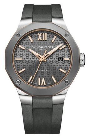 Baume & Mercier Riviera 10660 Automatic Rubber Strap Watch, 42mm in Grey at Nordstrom