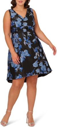 Adrianna Papell Metallic Floral High-Low Cocktail Dress in Blue/Black Multi at Nordstrom, Size 16W