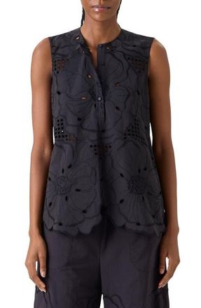 Akris Flower Eyelet Sleeveless Cotton Poplin Top in Black at Nordstrom, Size 14