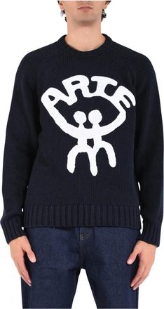 Arte Geborduurde Katoenen Sweater All Together - Heren - Ronde hals truien - Blauw - M - Katoen - Truien & Vesten