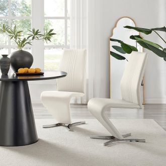 Furniturebox Set of 2 Willow Contemporary Z Shaped Faux Leather Dining Chairs With Silver Chrome Metal Legs in White