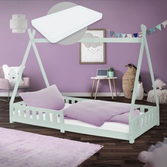ML Design Ml-design - Cama Infantil Tipi Madera De Pino Menta Con Colch&oacute;n De Espuma Fr&iacute;a Hipoalerg&eacute;nico 90 X 200 Cm Estructura De Listones Con Protecci&oacute;n Antica