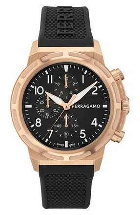 Ferragamo Sport Chronograph Silicone Strap Watch, 44mm in Rose Gold at Nordstrom Rack