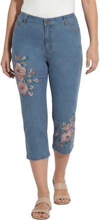 Roaman's Plus Size Classic Stretch High Rise Embroidered Capri Jean in Light Stonewash Bloom at Nordstrom, Size 32