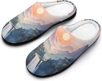 Generic Chinese Landscape Mountain Waterfall Womens Slippers Warm House Slippers Indoor House Shoes with Anti-Skid Rubber Sole