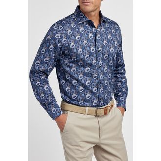 David Donahue Floral Print Sport Shirt in Navy/Brown at Nordstrom, Size Xx-Large