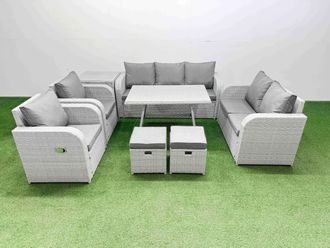 Fimous Outdoor Rectangular Table Sofa Set with Reclining Chair 2 Small Stools in Light Grey