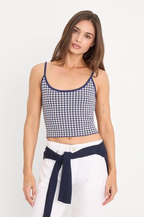 Good American Womens The Keepsake Tank Top | Navy Gingham, Size Medium | Good American by Khlo&Egrave; Kardashian