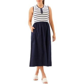 Karen Kane Stripe Mixed Media Midi Dress in Navy W/Off White at Nordstrom, Size X-Large