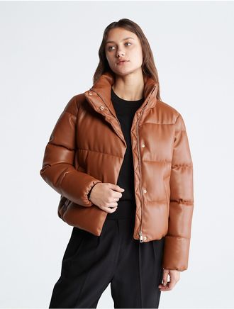 Calvin Klein Womens Faux Leather Puffer Jacket - Brown - XL
