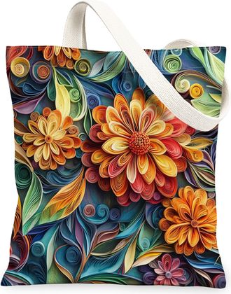 Generic Spring Quilting Paper Zinnia Flower Canvas Tote Bag for Shopping 13x15, Floral Wildflower Reusable Grocery Print Pattern Bag for Women, Garden Beach A