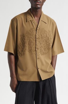 Homme Pliss&eacute; Issey Miyake Pressed Embroidery Camp Shirt in Khaki at Nordstrom, Size 4