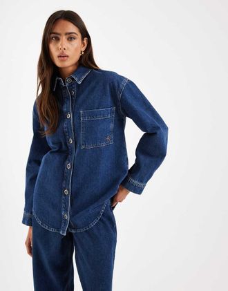 4th & Reckless Camicia di jeans strutturata con bottoni lavaggio scuro in coordinato-Blu