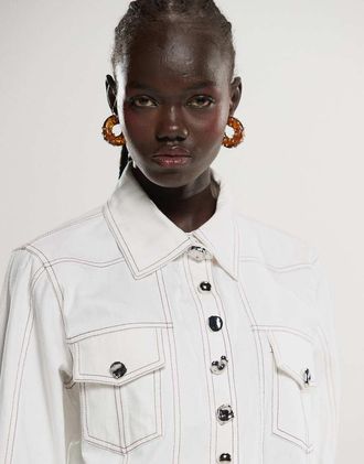 Ghospell contrast stitch shirt in ivory - part of a set-White