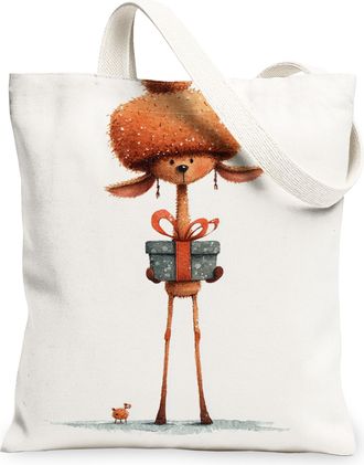 Generic Fanciful Animal Canvas Tote Bags, Cute Deer Character Design Lightweight Washable Reusable Shopping Bags for Holiday Travel, White, 13x15 Inch