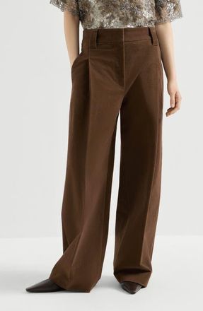 Brunello Cucinelli Stretch cotton moleskin loose sartorial trousers with monili in Chocolate at Nordstrom, Size 34
