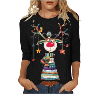Generic Black Deer Graphic Loose Fit T Shirt for Women Summer Fall 3/4 Sleeve Crew Neck Spandex Happy Festival Christmas Lounge Tops Shirts Women 2026 Clothes