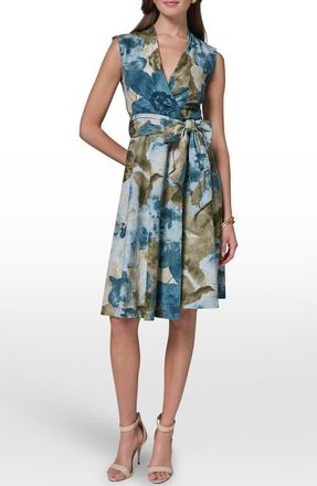 DKNY Floral Faux Wrap Linen-Blend Dress in Washed Indgo at Nordstrom, Size 10