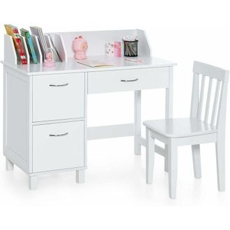 Costway Costway - Bureau Enfants avec Chaise Ergonomique & Niches, Table d&Eacute;tude en Bois avec 2 Placards & Tiroir, Dispositif Anti-Basculement, Table