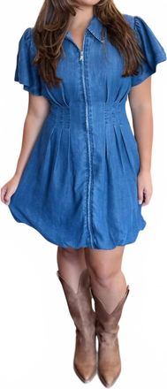 Dolce Cabo Womens Denim Zip Front Flutter Sleeve Cinched Waist Bubble Hem Mini Dress In Blue