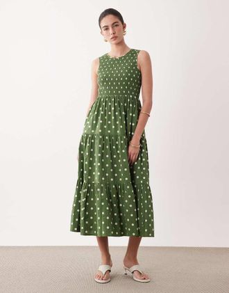 Nobody's Child Charlie - Vestito midi verde a pois con corpino arricciato e gonna a balze