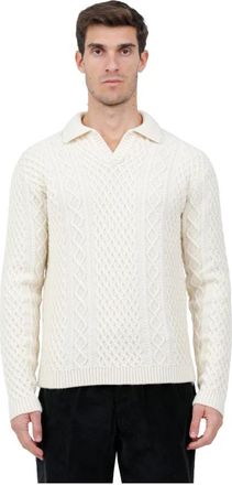 Irish Crone Maglia polo con lavorazione a grechine in cotone - Heren - V-hals truien - Wit - M - Katoen - Truien & Vesten