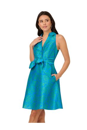 Adrianna Papell Womens Tie Front Printed Short Dress - Blue - Size 16 UK