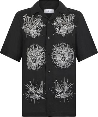 Philipp Plein Linen Bowling Shirt Tattoo Embroidery