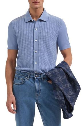 Bugatchi Basket Weave Knit Short Sleeve Cotton Full Button Cardigan in Air Blue at Nordstrom, Size Xxx-Large