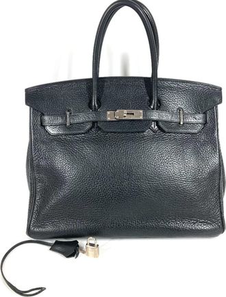 Herm&egrave;s Black Leather Handbag Tote Bag (Pre-Owned)