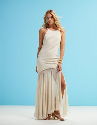Asos Vestito accollato strutturato lungo color pietra in chiffon con fondo a onde-Neutro