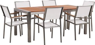 Beliani Conjunto De Comedor De Jard&iacute;n Mesa Con Tablero De Madera De Eucalipto 180 X 90 Cm Y 8 Sillas En Tela Blancas Grosseto