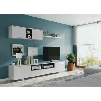 Dmora Dmora Mueble TV para salón de tres puertas, con módulo colgante y balda, color blanco brillo, medidas mueble TV 200 x 46 x 41 cm Medidas módulo