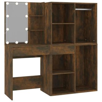 Berkfield Home LED Dressing Table with Cabinets Smoked Oak Engineered Wood in Brown