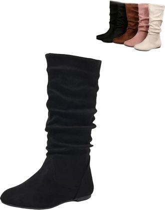Generic Women Round Toe Slouch Vegan Comfy Flat Mid Calf Tall Faux Suede Leather Boots Slouchy Pull on Round Toe Knight Riding Shoes (Black,6.5)