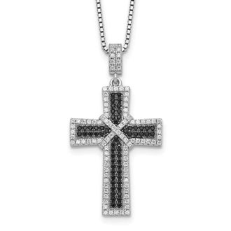 Diamond2Deal Sterling Silver Black and White Cubic Zirconia Polished Cross Pendant Necklace