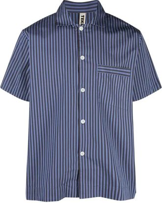 Tekla Verneuil Stripes Katoen Poplin - Pyjama Korte Mouw Shirt - Heren - Korte mouwen Overhemden - Blauw - S - Katoen - Overhemden