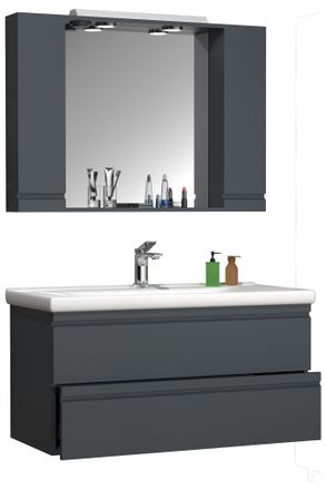 ebuy24 Vcm 3 Pcs Lavabo Gabinete De Lavabo 100 Cm Juego De Muebles De Ba&ntilde;o Con Lavabo Cajones Sin Mango Gabinete De Espejo Complete Silora Xl (antracita)