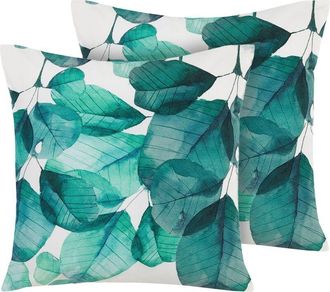 Beliani Conjunto De Cojines Decorativos De Exterior De Poli&eacute;ster Cuadrado Azul Verdoso Y Blanco 45 X 45 Cm Patr&oacute;n De Hojas Multicolor Trebbo