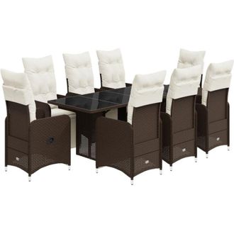 vidaXL Set De Mesa Y Sillas Jard&iacute;n 9 Piezas Y Cojines Rat&aacute;n Pe Marr&oacute;n Vidaxl