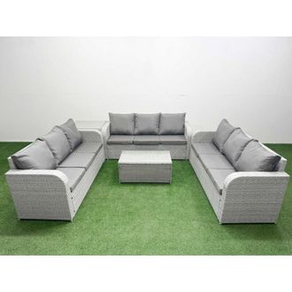 Fimous Pe Rattan Lounge Sofa Set 9 Seater Outdoor Garden Furniture Set with Rectangular Coffee Table 3 Seater Sofa Side Table Light Grey - Fimous