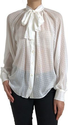 Dolce & Gabbana White Silk Sheer Tied Neck Polka Dots Womens Blouse