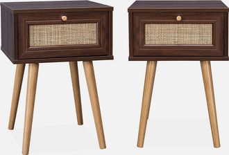 Sweeek Sweeek - Mesita De Noche Con Efecto Madera Y Ca&ntilde;a, Set De 2, Boheme, Madera Oscura, 39x39x55.4 Cm