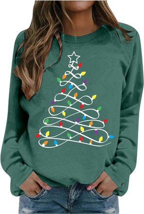 Generic Christmas Tree Jumper Women Christmas Jumpers Long Sleeve Pullover Xmas Tree Print Sweatshirt Fleece Lined Sweaters Tops Crewneck T-Shirt Winter Autum