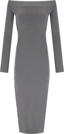 Elisabetta Franchi Stalen Gebreide Midi Jurk met Gouden Knopen - Dames - Casual kleedjes - Grijs - XS - Polyester - Kleedjes
