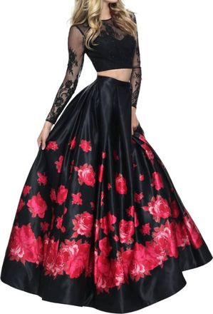 Sherri Hill Two-Piece Floral Prom Dress In Black/red Print