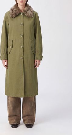 Our Legacy Long Cotton Trench Coat with Contrasting Fur Collar